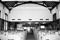 black and white photo of banquet hall