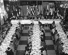 black and white photo of banquet hall